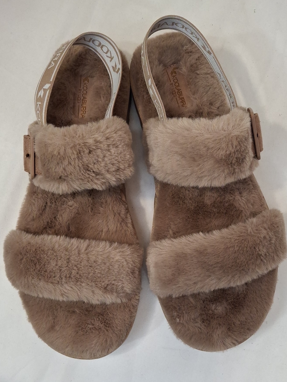 Koolaburra by UggPlush Faux Furr Adjustable Two‑Strap Slingback Sandals in Tan.